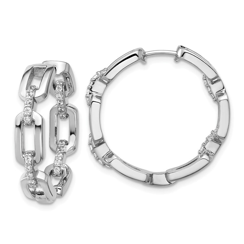 Sterling Silver Cheryl M Rh-Pltd CZ Link In/out Hinged Round Hoop Earrings