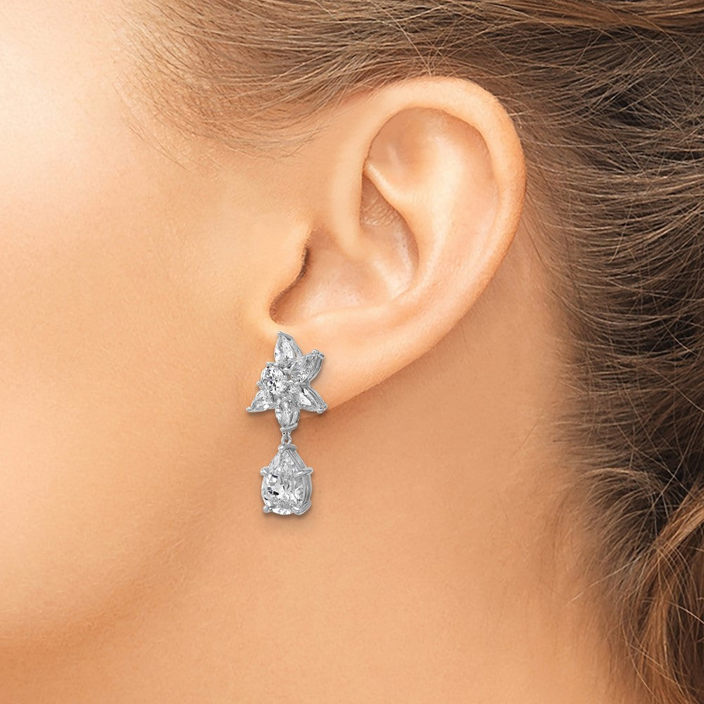 Sterling Silver Cheryl M Rhodium Plated Fancy Multi-Cut CZ Post Dangle Earrings
