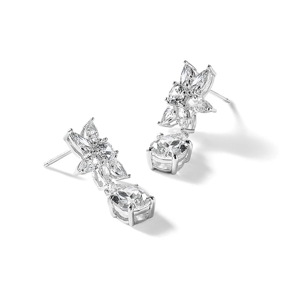 Sterling Silver Cheryl M Rhodium Plated Fancy Multi-Cut CZ Post Dangle Earrings