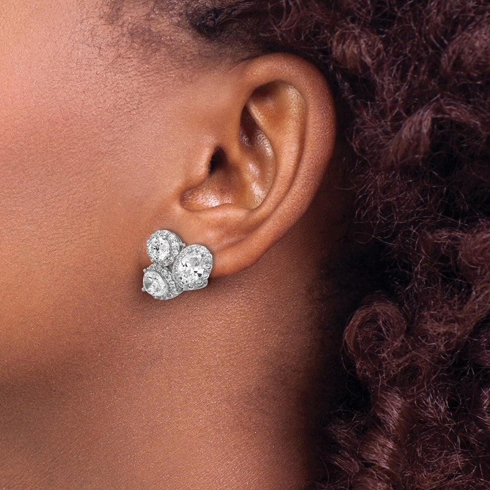 Sterling Silver Cheryl M Rhodium Plated Fancy Multi-Cut CZ Halo Omega Back Earrings
