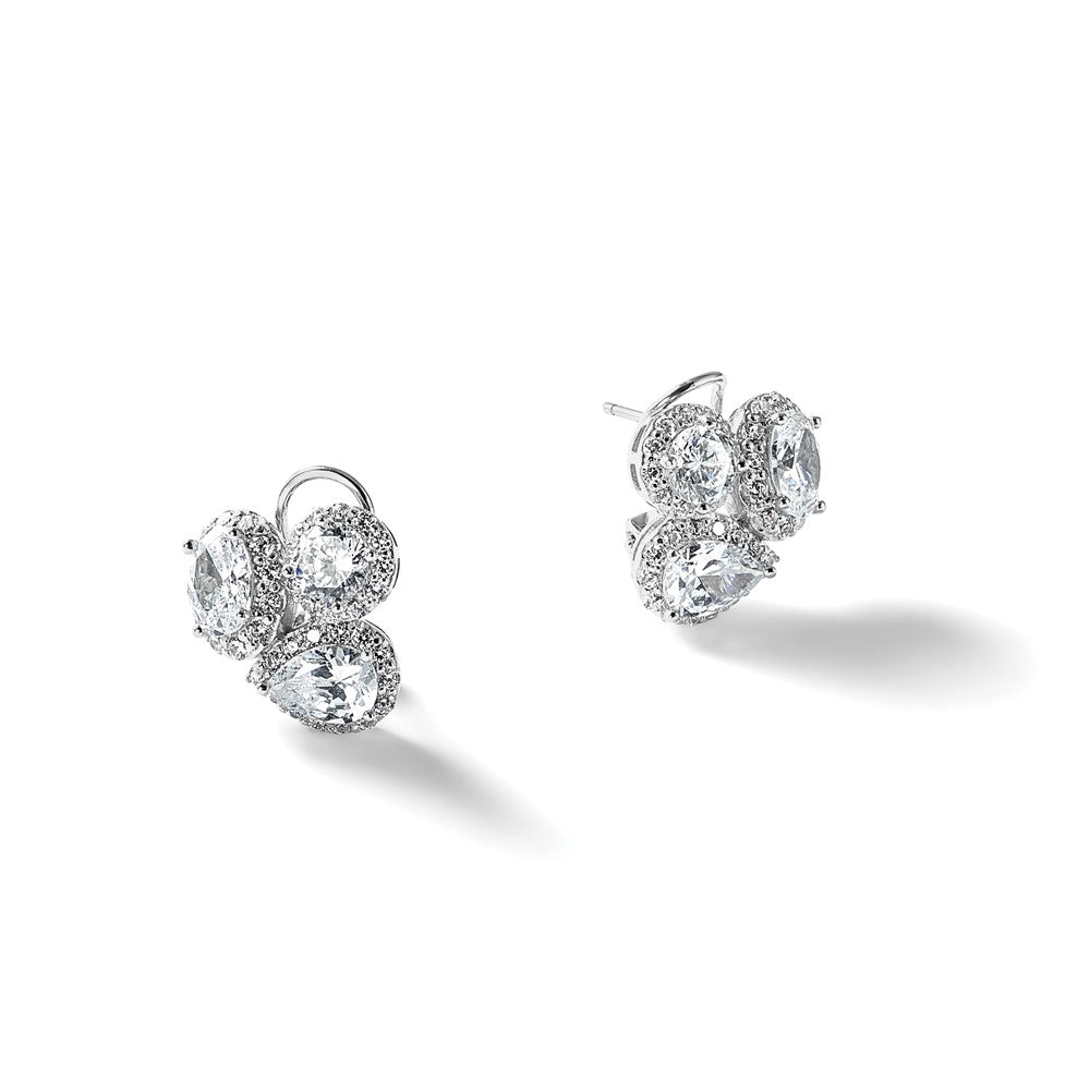 Sterling Silver Cheryl M Rhodium Plated Fancy Multi-Cut CZ Halo Omega Back Earrings