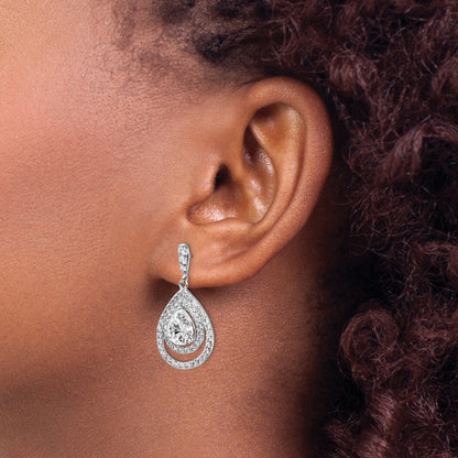 Sterling Silver Cheryl M Rhodium-Plated Brilliant-Cut Pear Shaped Cz Double Halo Post Dangle Earrings