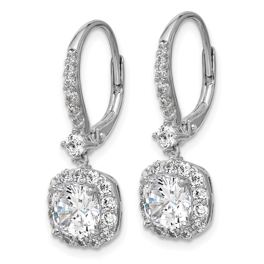 Sterling Silver Cheryl M Rh-Pltd Cushion-Cut CZ Halo Dangle Leverback Earrings