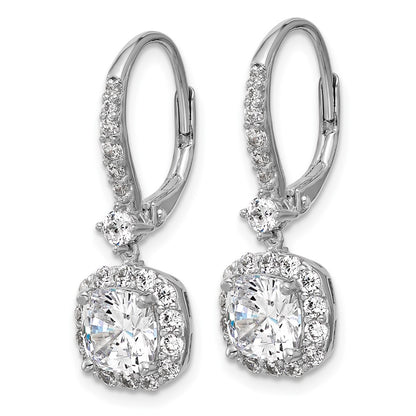 Sterling Silver Cheryl M Rh-Pltd Cushion-Cut CZ Halo Dangle Leverback Earrings