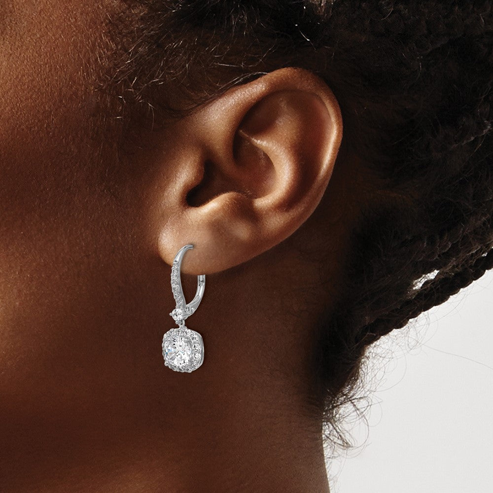 Sterling Silver Cheryl M Rh-Pltd Cushion-Cut CZ Halo Dangle Leverback Earrings