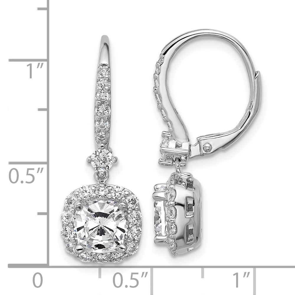 Sterling Silver Cheryl M Rh-Pltd Cushion-Cut CZ Halo Dangle Leverback Earrings