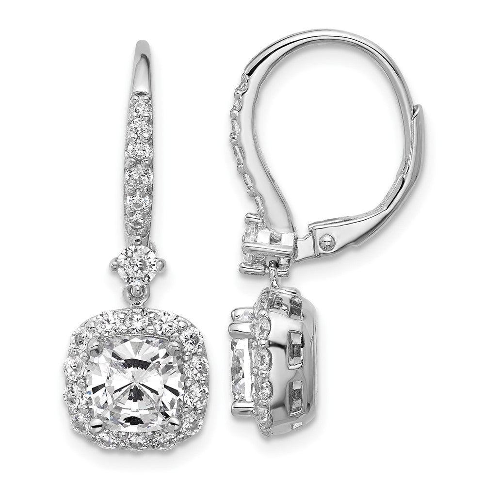Sterling Silver Cheryl M Rh-Pltd Cushion-Cut CZ Halo Dangle Leverback Earrings