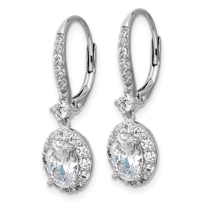 Sterling Silver Cheryl M Rhodium-Pltd Oval CZ Halo Dangle Leverback Earrings
