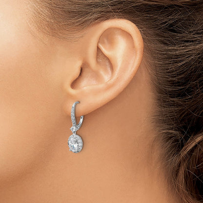 Sterling Silver Cheryl M Rhodium-Pltd Oval CZ Halo Dangle Leverback Earrings