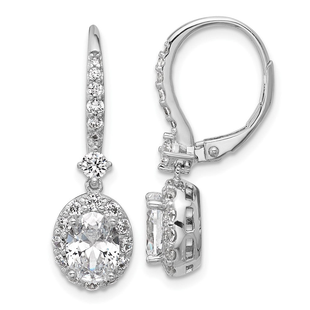 Sterling Silver Cheryl M Rhodium-Pltd Oval CZ Halo Dangle Leverback Earrings