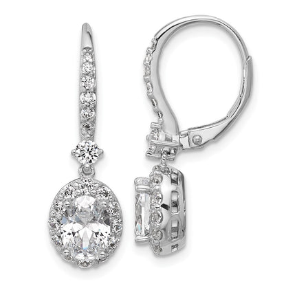 Sterling Silver Cheryl M Rhodium-Pltd Oval CZ Halo Dangle Leverback Earrings