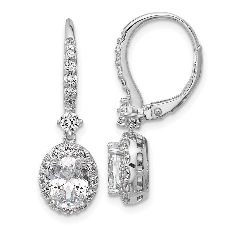 Sterling Silver Cheryl M Rhodium-Pltd Oval CZ Halo Dangle Leverback Earrings
