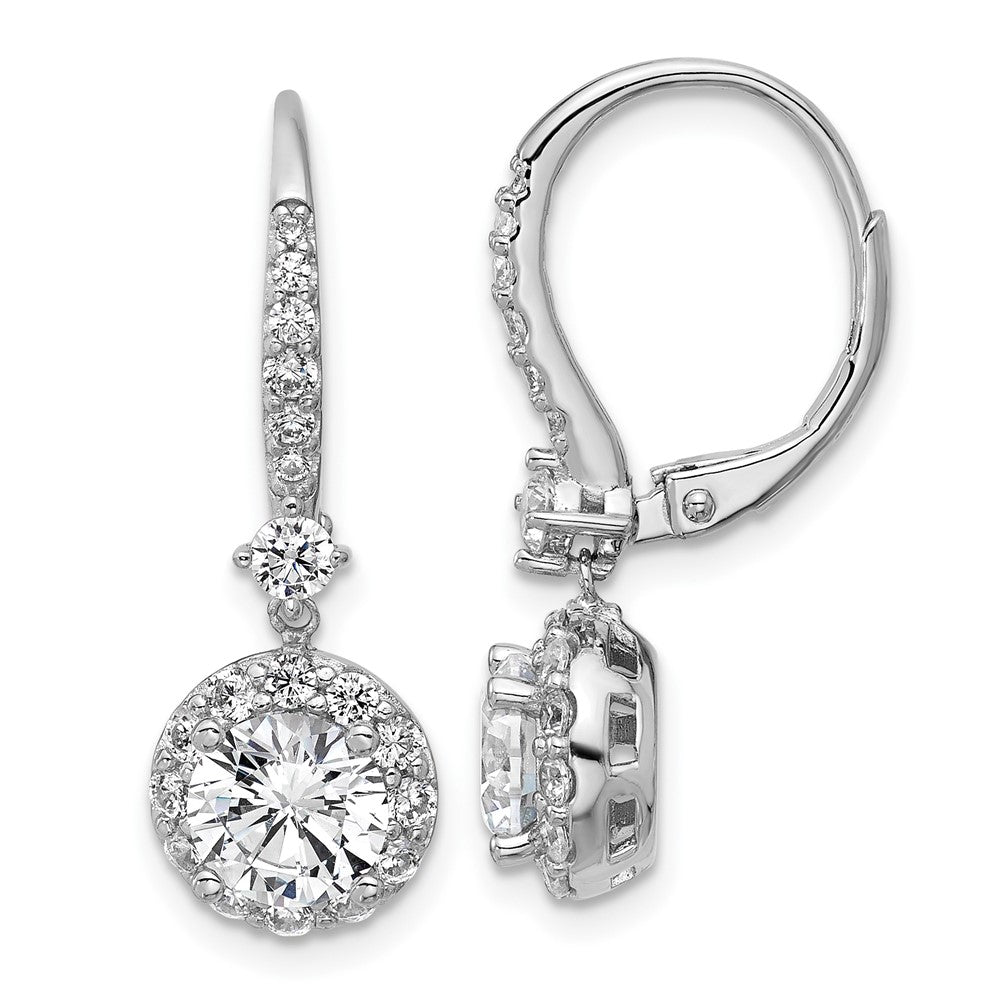 Sterling Silver Cheryl M Rhodium-Pltd Round CZ Halo Dangle Leverback Earrings