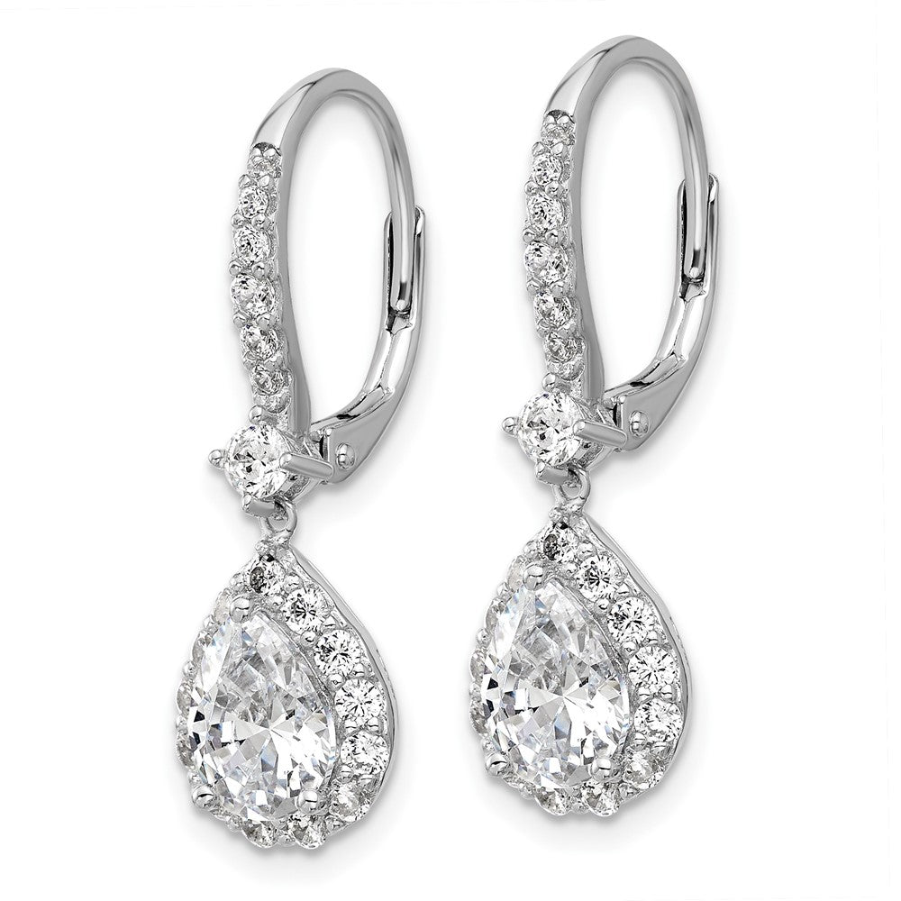 Sterling Silver Cheryl M Rhodium-Pltd Pear CZ Halo Dangle Leverback Earrings