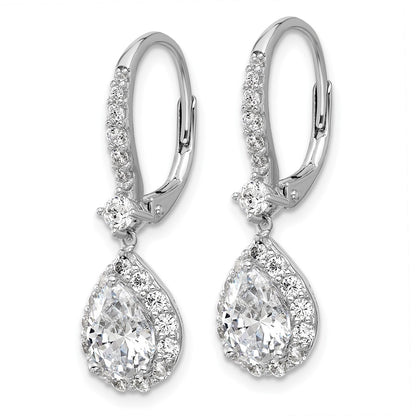 Sterling Silver Cheryl M Rhodium-Pltd Pear CZ Halo Dangle Leverback Earrings