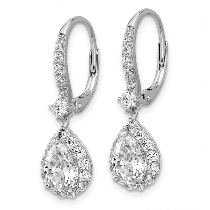 Sterling Silver Cheryl M Rhodium-Pltd Pear CZ Halo Dangle Leverback Earrings