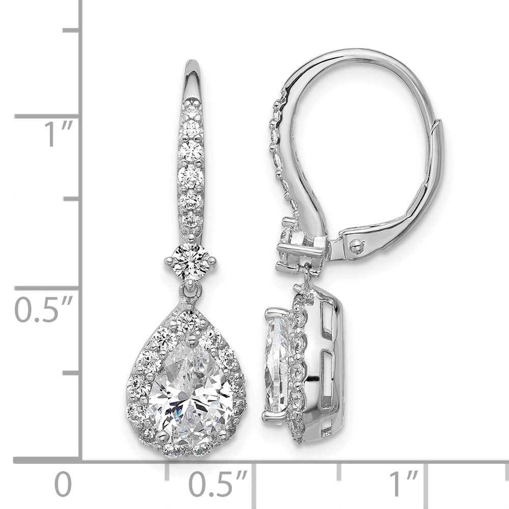 Sterling Silver Cheryl M Rhodium-Pltd Pear CZ Halo Dangle Leverback Earrings
