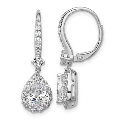 Sterling Silver Cheryl M Rhodium-Pltd Pear CZ Halo Dangle Leverback Earrings