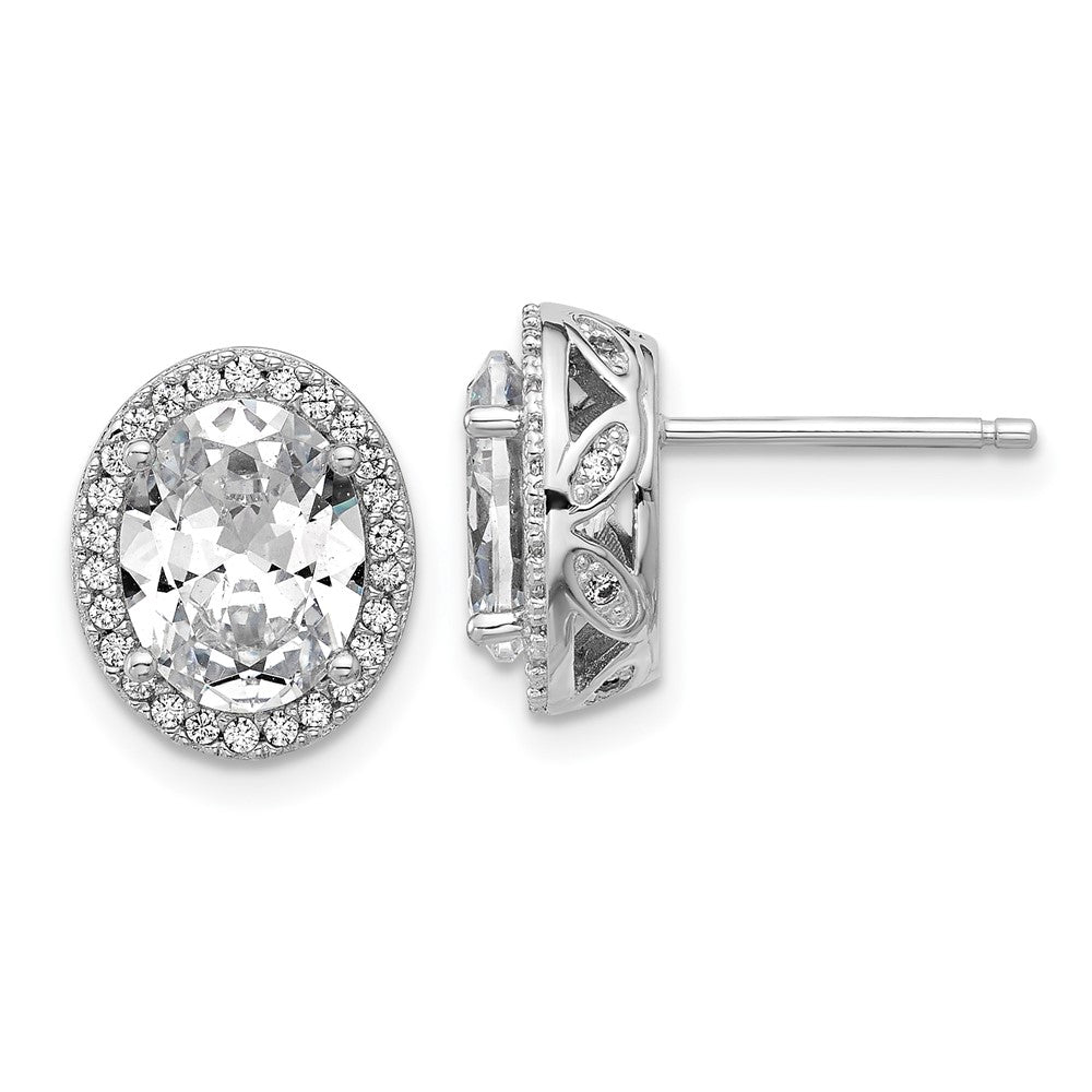 Sterling Silver Cheryl M Rhodium Plated Oval CZ Halo Post Earrings