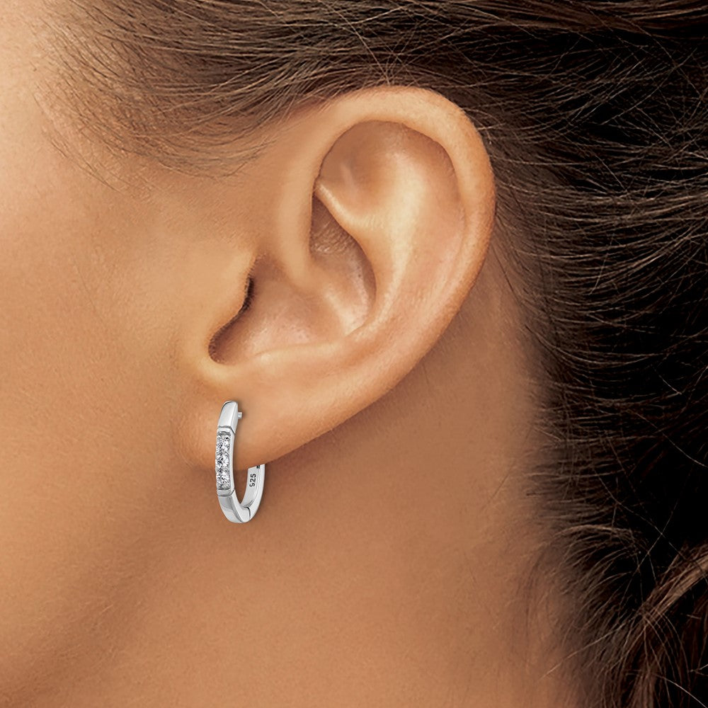 Sterling Silver Cheryl M Rhodium-Pltd Polished CZ Oval Hinged Hoop Earrings