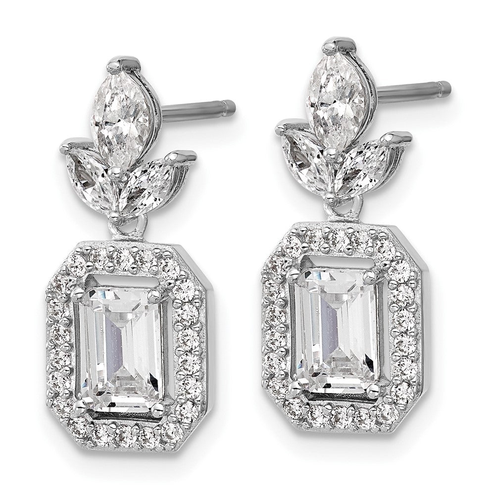 Sterling Silver Cheryl M Rhodium Plated Emerald-Cut CZ Halo Post Dangle Earrings