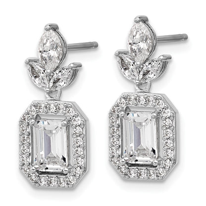 Sterling Silver Cheryl M Rhodium Plated Emerald-Cut CZ Halo Post Dangle Earrings