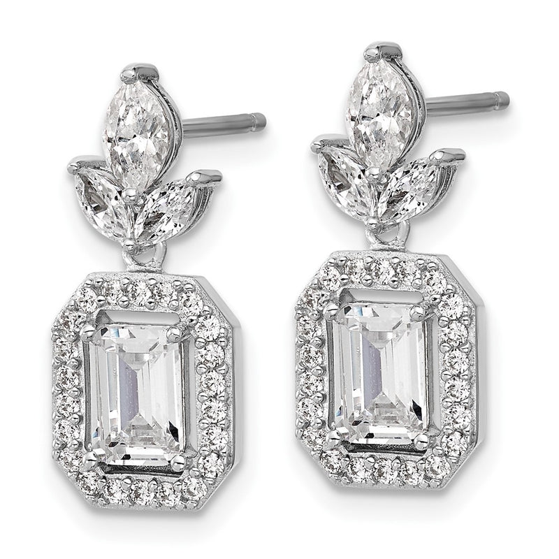 Sterling Silver Cheryl M Rhodium Plated Emerald-Cut CZ Halo Post Dangle Earrings