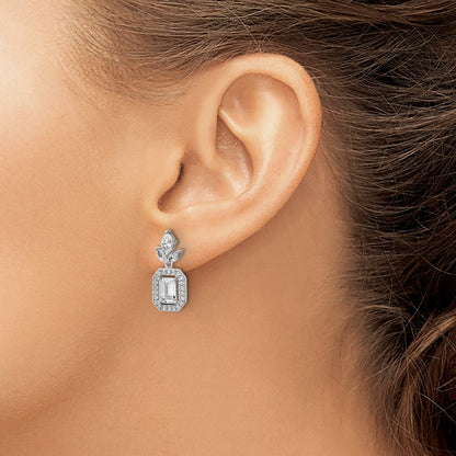 Sterling Silver Cheryl M Rhodium Plated Emerald-Cut CZ Halo Post Dangle Earrings