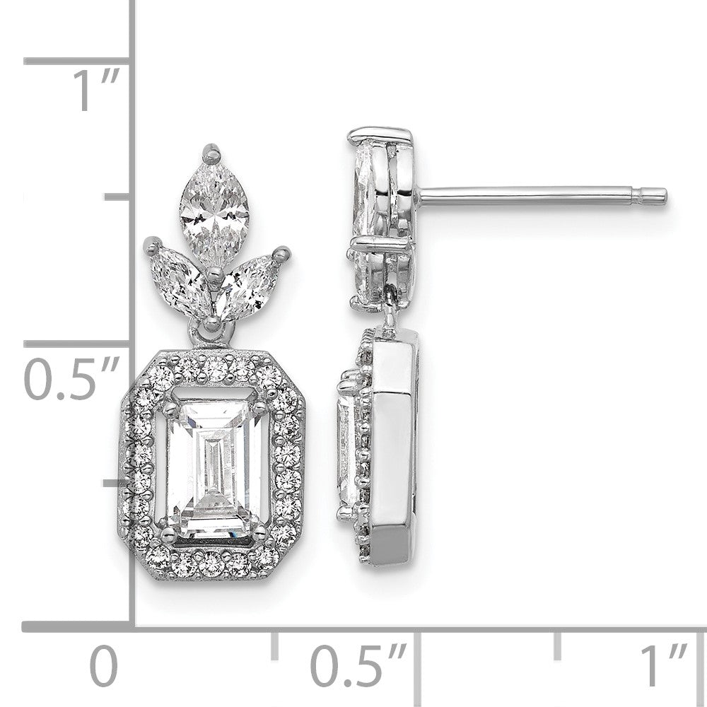 Sterling Silver Cheryl M Rhodium Plated Emerald-Cut CZ Halo Post Dangle Earrings