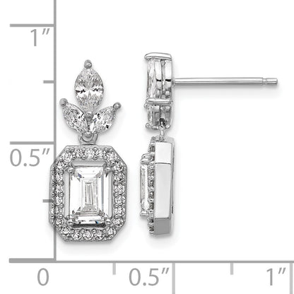 Sterling Silver Cheryl M Rhodium Plated Emerald-Cut CZ Halo Post Dangle Earrings