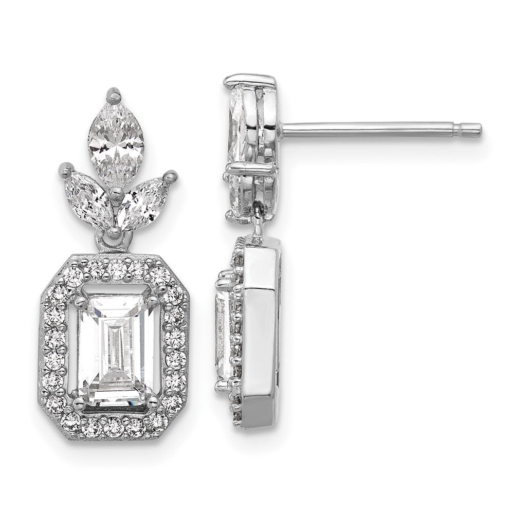 Sterling Silver Cheryl M Rhodium Plated Emerald-Cut CZ Halo Post Dangle Earrings