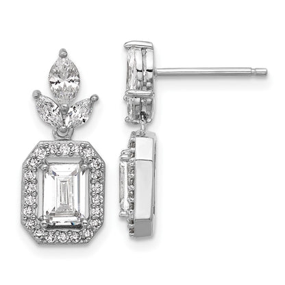 Sterling Silver Cheryl M Rhodium Plated Emerald-Cut CZ Halo Post Dangle Earrings