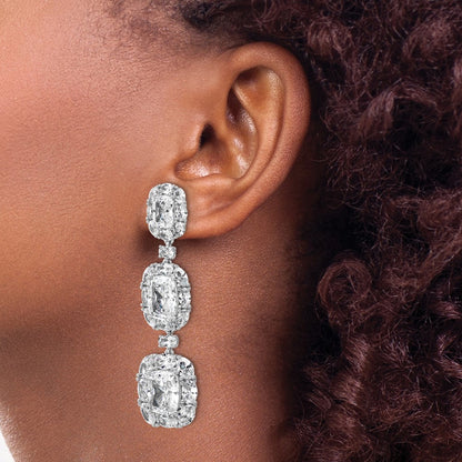 Sterling Silver Cheryl M Rhodium Plated Fancy CZ Halo Cluster Post Dangle Earrings