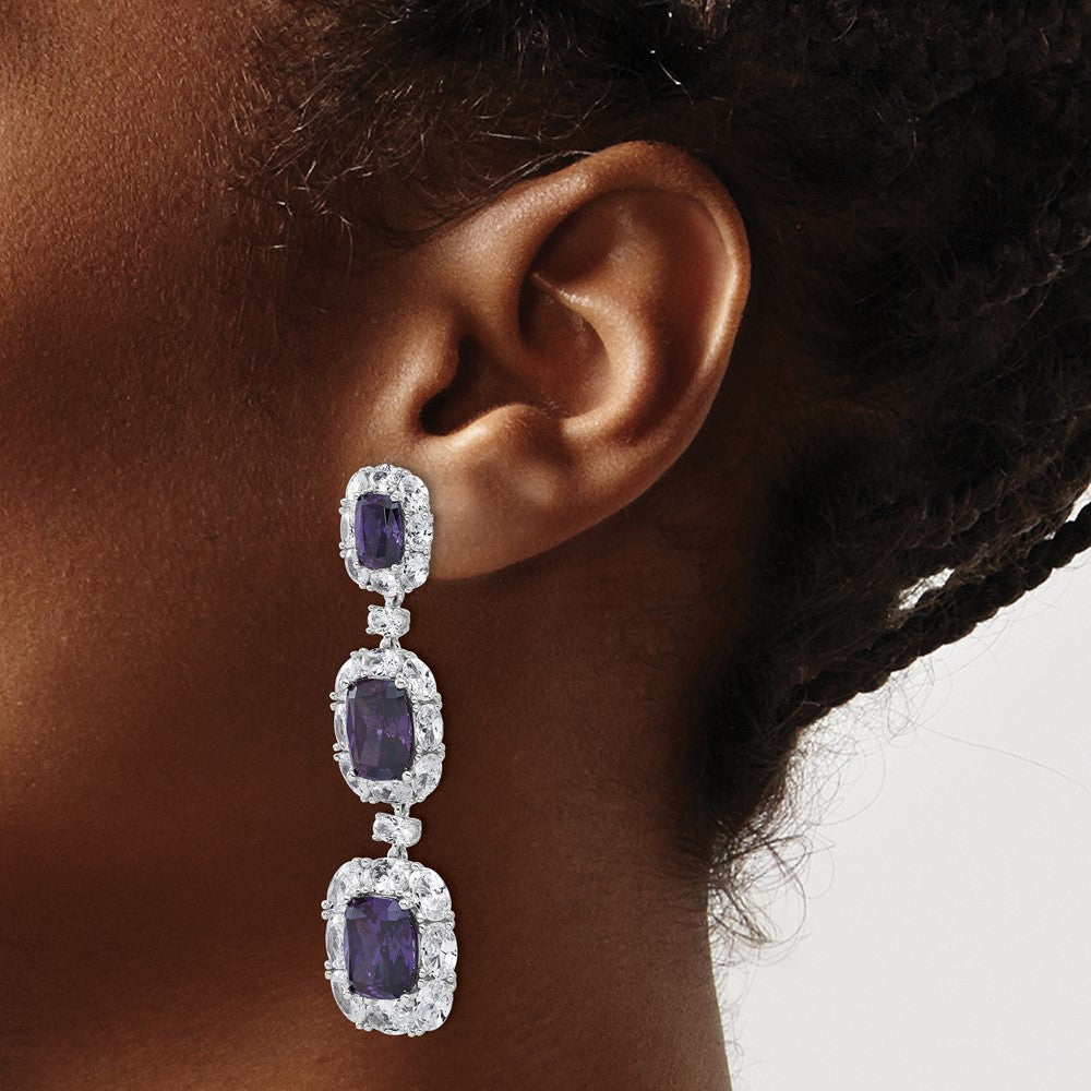 Sterling Silver Cheryl M Rh-Pltd Purple & White CZ Cluster Post Dangle Earrings