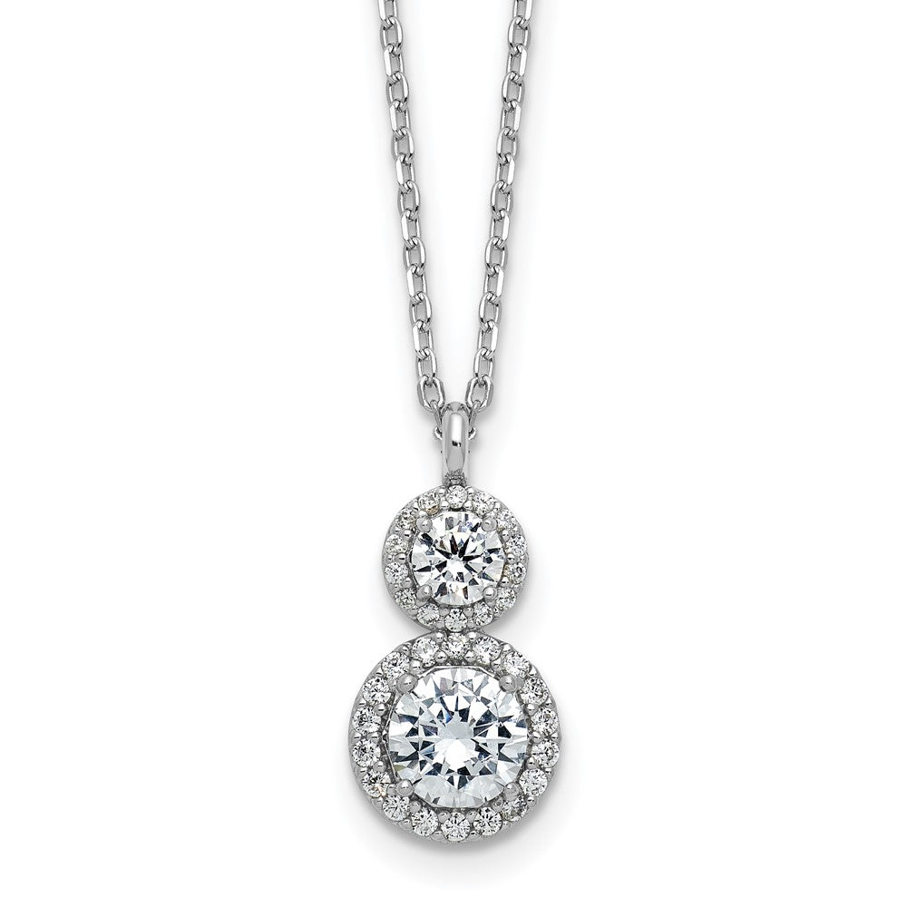 Sterling Silver Cheryl M Rh-Pltd Double Round CZ Halo W/ 2in Ext Necklace