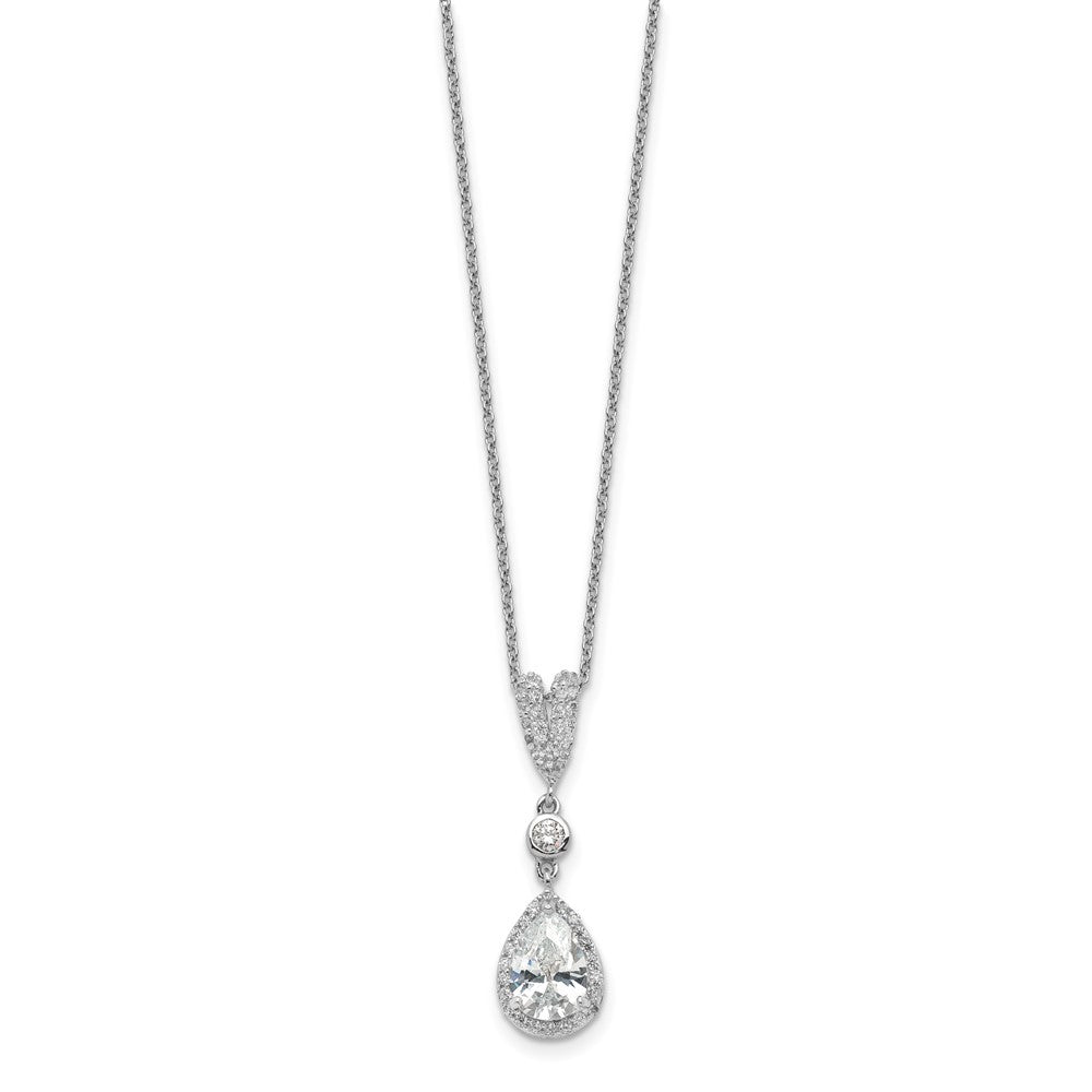 Sterling Silver Cheryl M Rhodium-Plated Brilliant-Cut Cz Teardrop And Bezel Halo 18 Inch Necklace