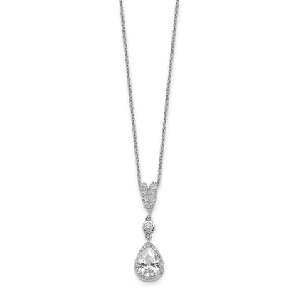 Sterling Silver Cheryl M Rhodium-Plated Brilliant-Cut Cz Teardrop And Bezel Halo 18 Inch Necklace