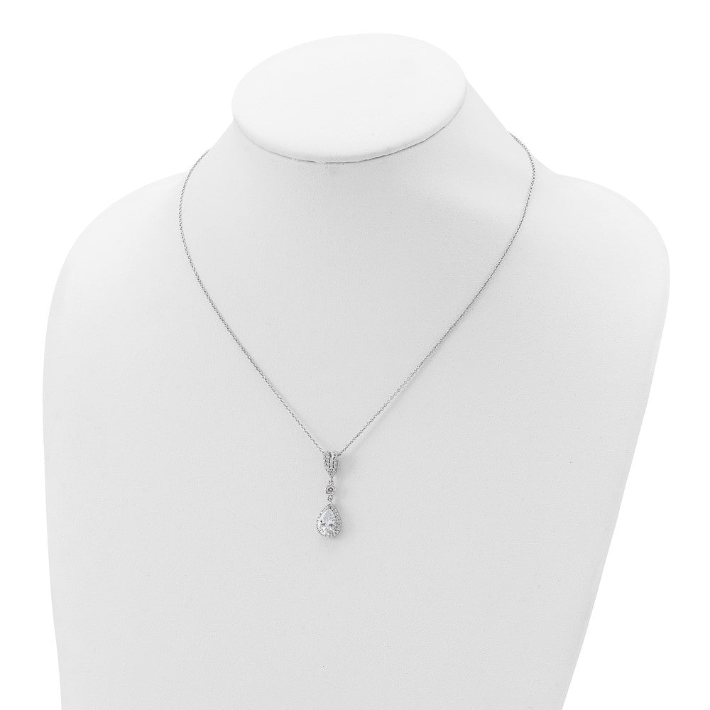 Sterling Silver Cheryl M Rhodium-Plated Brilliant-Cut Cz Teardrop And Bezel Halo 18 Inch Necklace