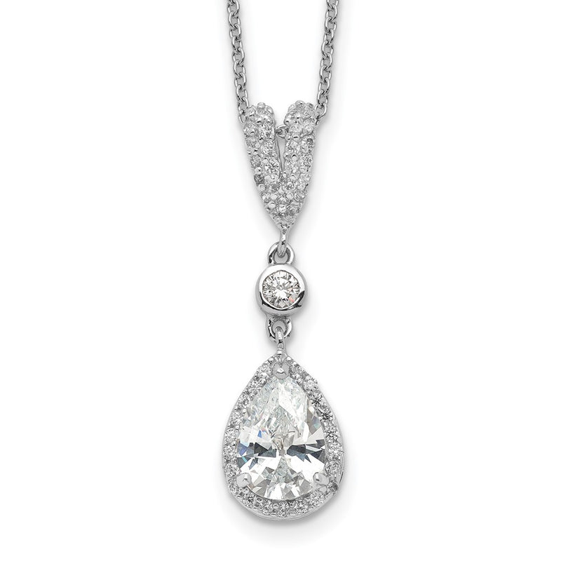 Sterling Silver Cheryl M Rhodium-Plated Brilliant-Cut Cz Teardrop And Bezel Halo 18 Inch Necklace