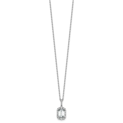 Sterling Silver Cheryl M Rh-Pltd Fancy Emerald-Cut CZ Halo W/ 2in Ext Necklace
