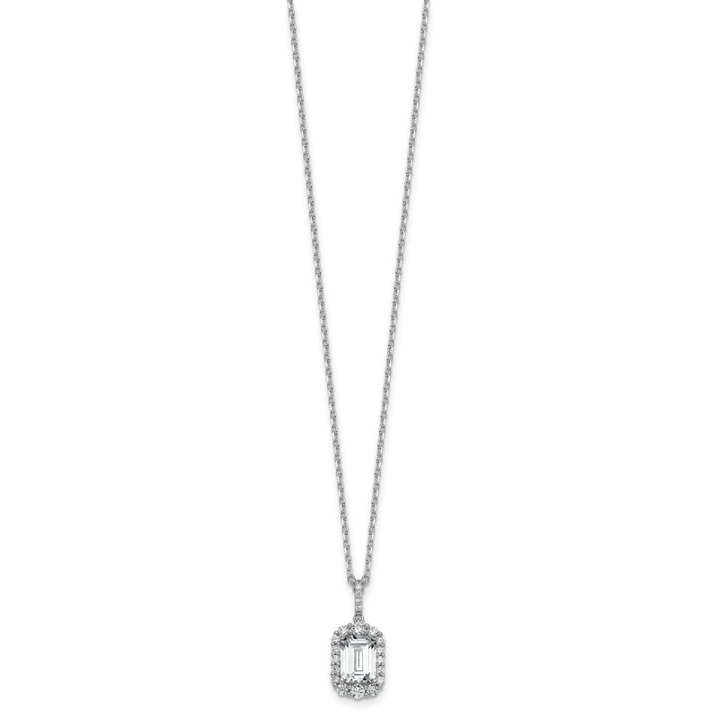 Sterling Silver Cheryl M Rh-Pltd Fancy Emerald-Cut CZ Halo W/ 2in Ext Necklace
