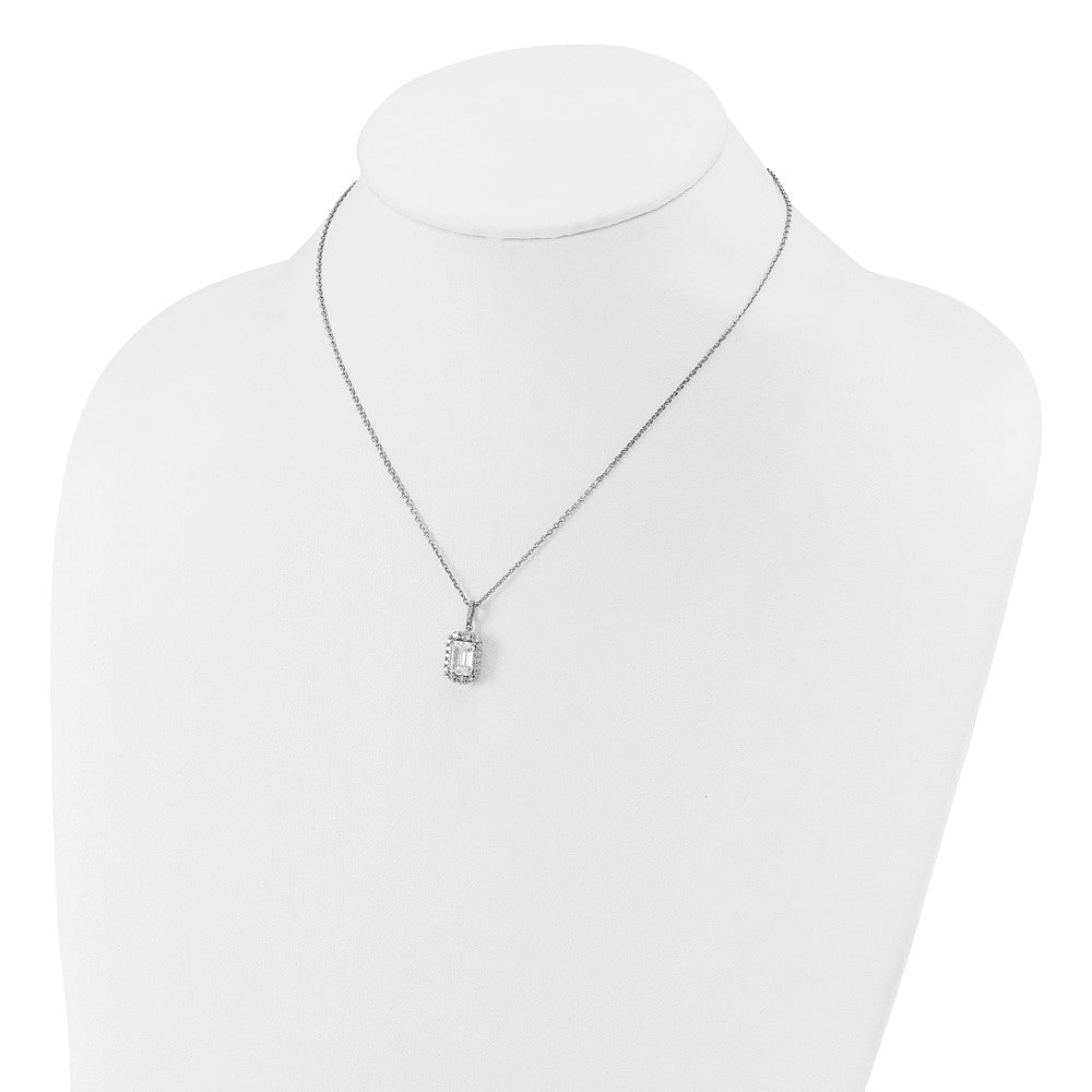 Sterling Silver Cheryl M Rh-Pltd Fancy Emerald-Cut CZ Halo W/ 2in Ext Necklace