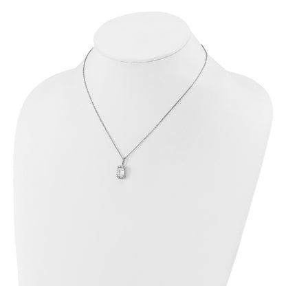Sterling Silver Cheryl M Rh-Pltd Fancy Emerald-Cut CZ Halo W/ 2in Ext Necklace