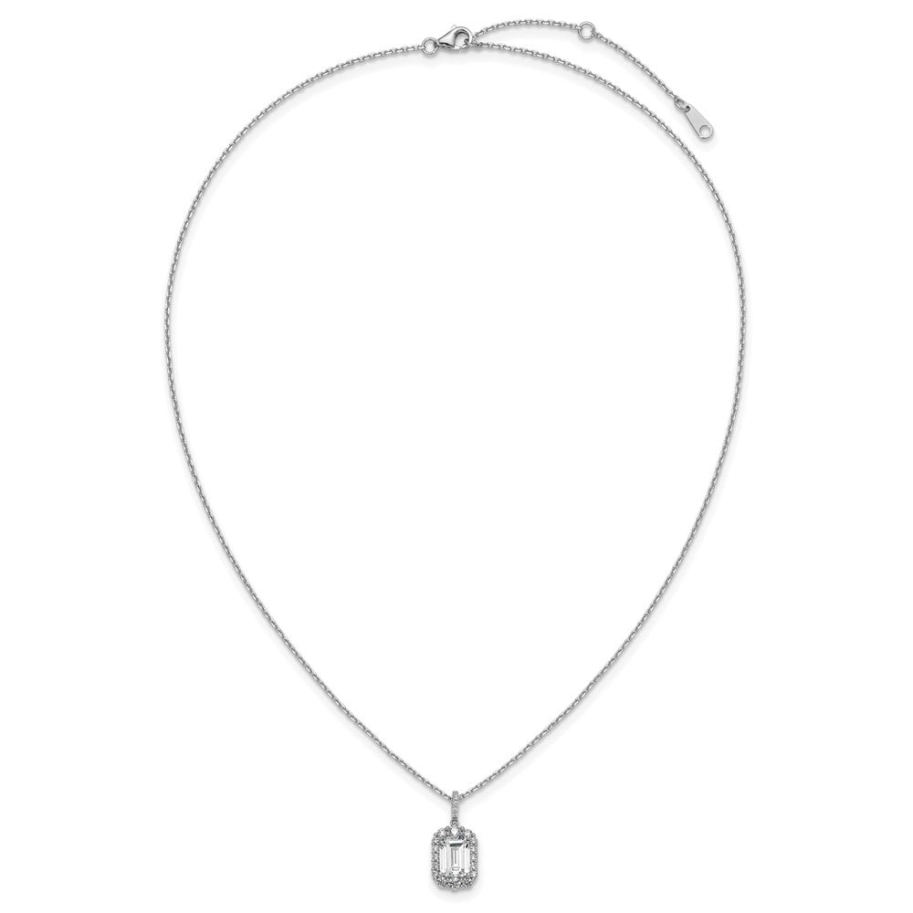 Sterling Silver Cheryl M Rh-Pltd Fancy Emerald-Cut CZ Halo W/ 2in Ext Necklace