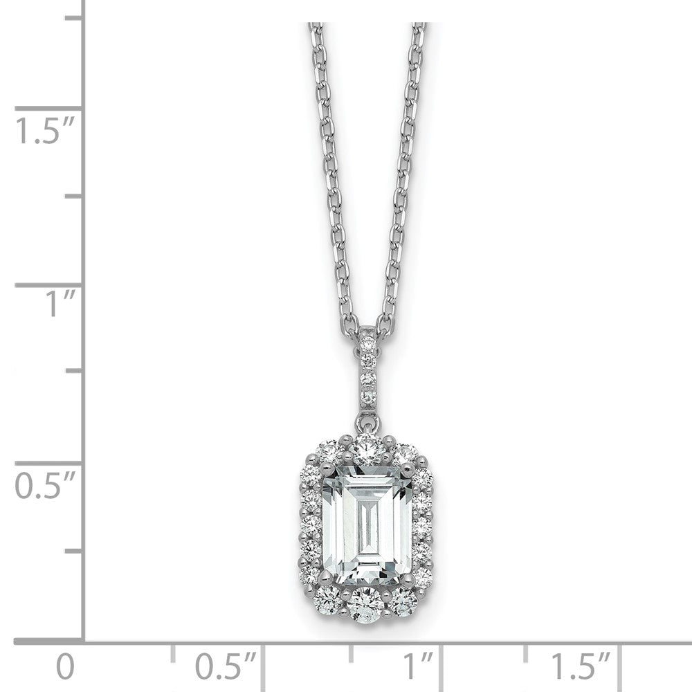 Sterling Silver Cheryl M Rh-Pltd Fancy Emerald-Cut CZ Halo W/ 2in Ext Necklace