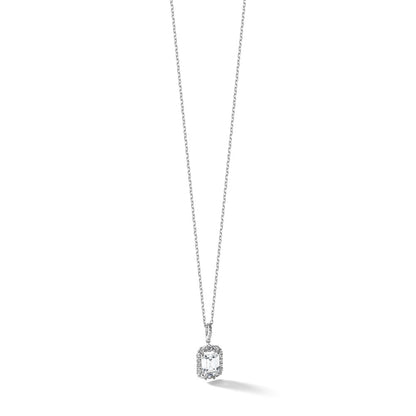 Sterling Silver Cheryl M Rh-Pltd Fancy Emerald-Cut CZ Halo W/ 2in Ext Necklace