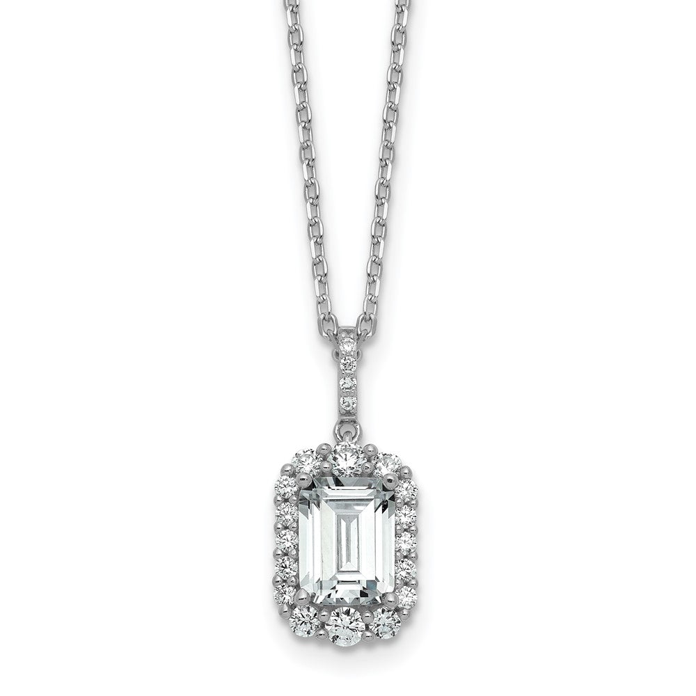 Sterling Silver Cheryl M Rh-Pltd Fancy Emerald-Cut CZ Halo W/ 2in Ext Necklace
