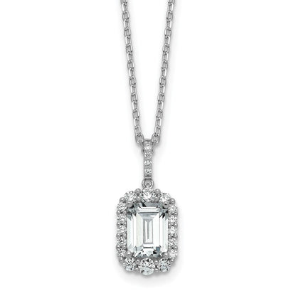 Sterling Silver Cheryl M Rh-Pltd Fancy Emerald-Cut CZ Halo W/ 2in Ext Necklace