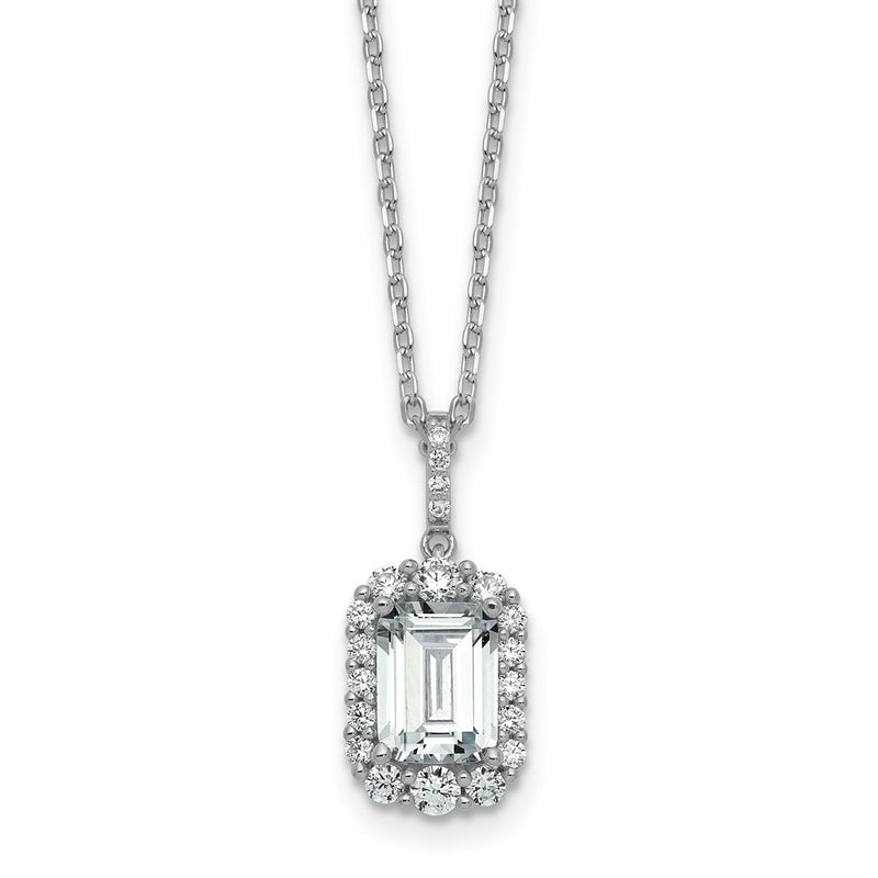 Sterling Silver Cheryl M Rh-Pltd Fancy Emerald-Cut CZ Halo W/ 2in Ext Necklace