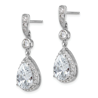 Sterling Silver Cheryl M Rhodium-Plated Brilliant-Cut Cz Teardrop And Bezel Halo Post Dangle Earrings